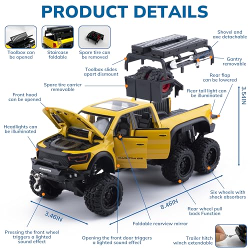 FRJV Pickup Truck Toy 124 Diecast Trucks Mammoth Model Car KitsMetal Toy Truck Suitable for Kids and Car CollectionPull Back Cars with Light and SoundTrucks for Kids Ages 48Yellow - Image 5