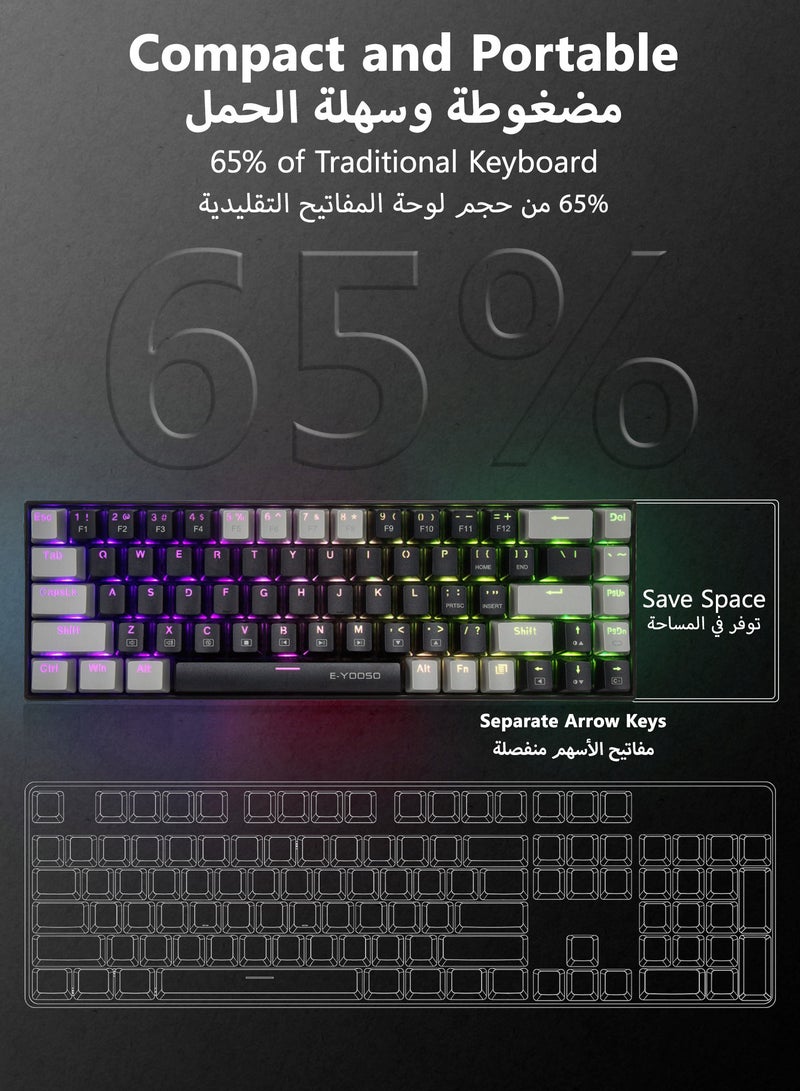 E-YOOSO Z-686 Wired 68 Keys Mechanical Gaming Keyboard, Clicky Blue Switches, 65% Compact Layout, Detachable USB-C Cable for PC, PS - Black/Grey  - Image 3