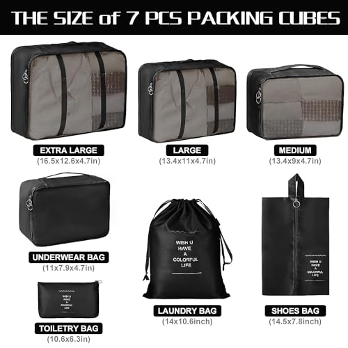 TS WITH TECHSUN Travel Organizer 7 in 1 Travel Laundry Cosmetics Luggage Packing Organizers Set Makeup Bags Organizer Packing Cubes with Shoe Bag for Travel, Nylon (Black) - Image 5