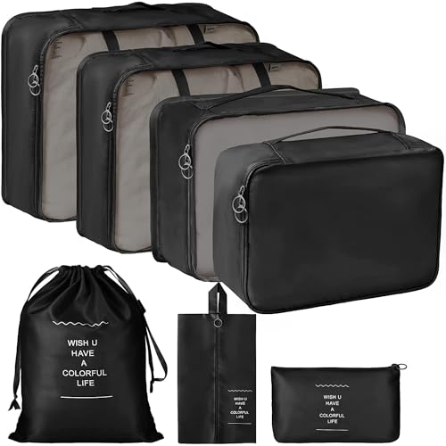 TS WITH TECHSUN Travel Organizer 7 in 1 Travel Laundry Cosmetics Luggage Packing Organizers Set Makeup Bags Organizer Packing Cubes with Shoe Bag for Travel, Nylon (Black) - Image 1