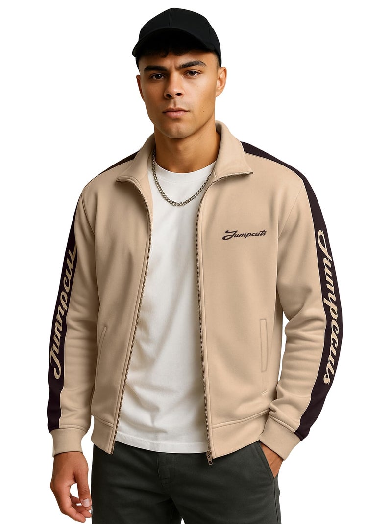 Jump Cuts Mens Printed Sleeve Tape Polo Neck Full Sleeve Beige and Brown Fleece Jacket - Image 5