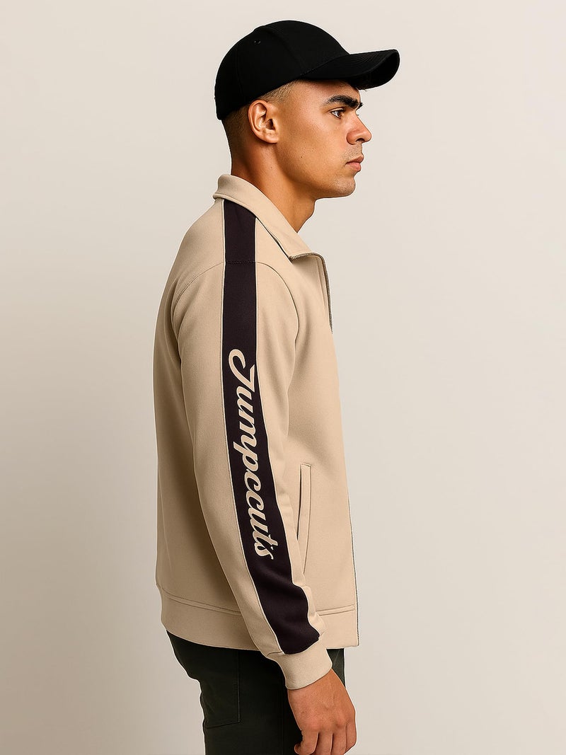 Jump Cuts Mens Printed Sleeve Tape Polo Neck Full Sleeve Beige and Brown Fleece Jacket - Image 2