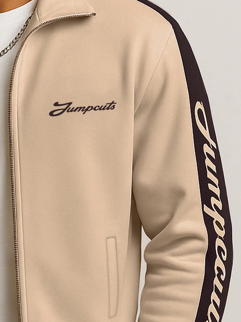 Jump Cuts Mens Printed Sleeve Tape Polo Neck Full Sleeve Beige and Brown Fleece Jacket - Image 4