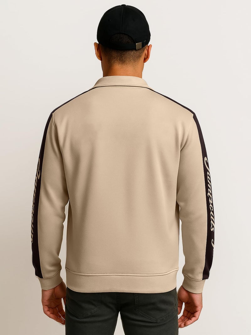 Jump Cuts Mens Printed Sleeve Tape Polo Neck Full Sleeve Beige and Brown Fleece Jacket - Image 3
