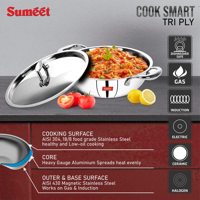 Sumeet Sumeet Cook Smart TriPly Steel-Aluminium-Steel - 3 Layers Kadhai with Lid - 5 Years Warranty - 1.5Ltr - 20Cm - Kadai - Image 3