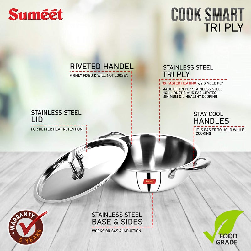 Sumeet Sumeet Cook Smart TriPly Steel-Aluminium-Steel - 3 Layers Kadhai with Lid - 5 Years Warranty - 1.5Ltr - 20Cm - Kadai - Image 2