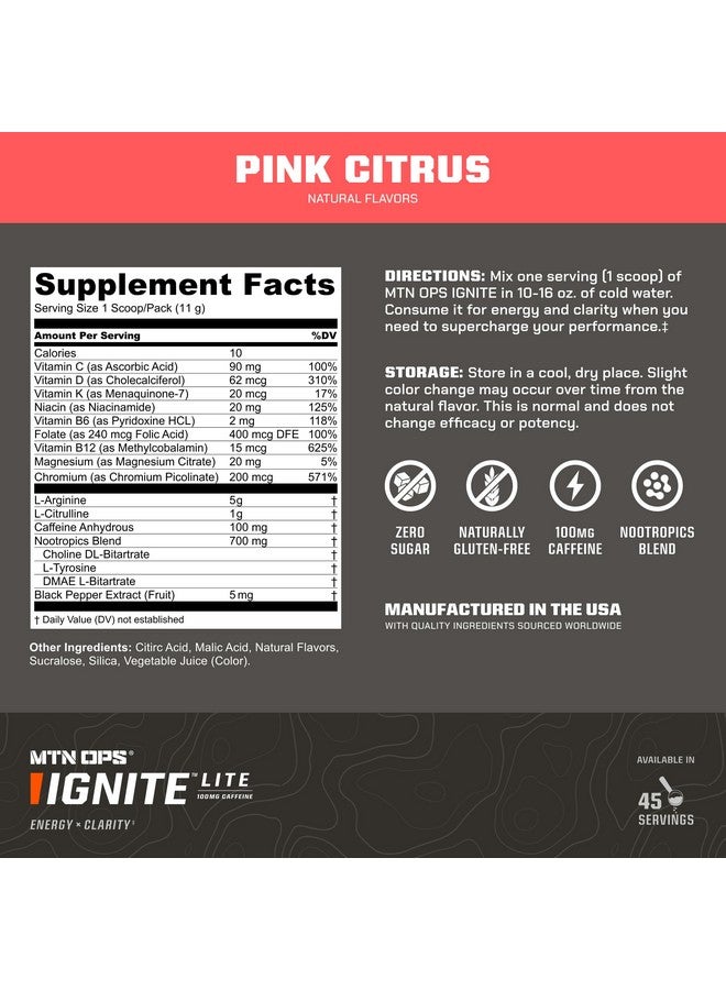 MTN OPS MTN OPS Ignite Lite Energy Drink Powder Gluten Free Nitric Oxide Supplement Drink Mix, L Arginine, L Citrulline, Caffeine & Nootropic Sugar Free Drink Mix, 45 Servings, Pink Citrus  - Image 2