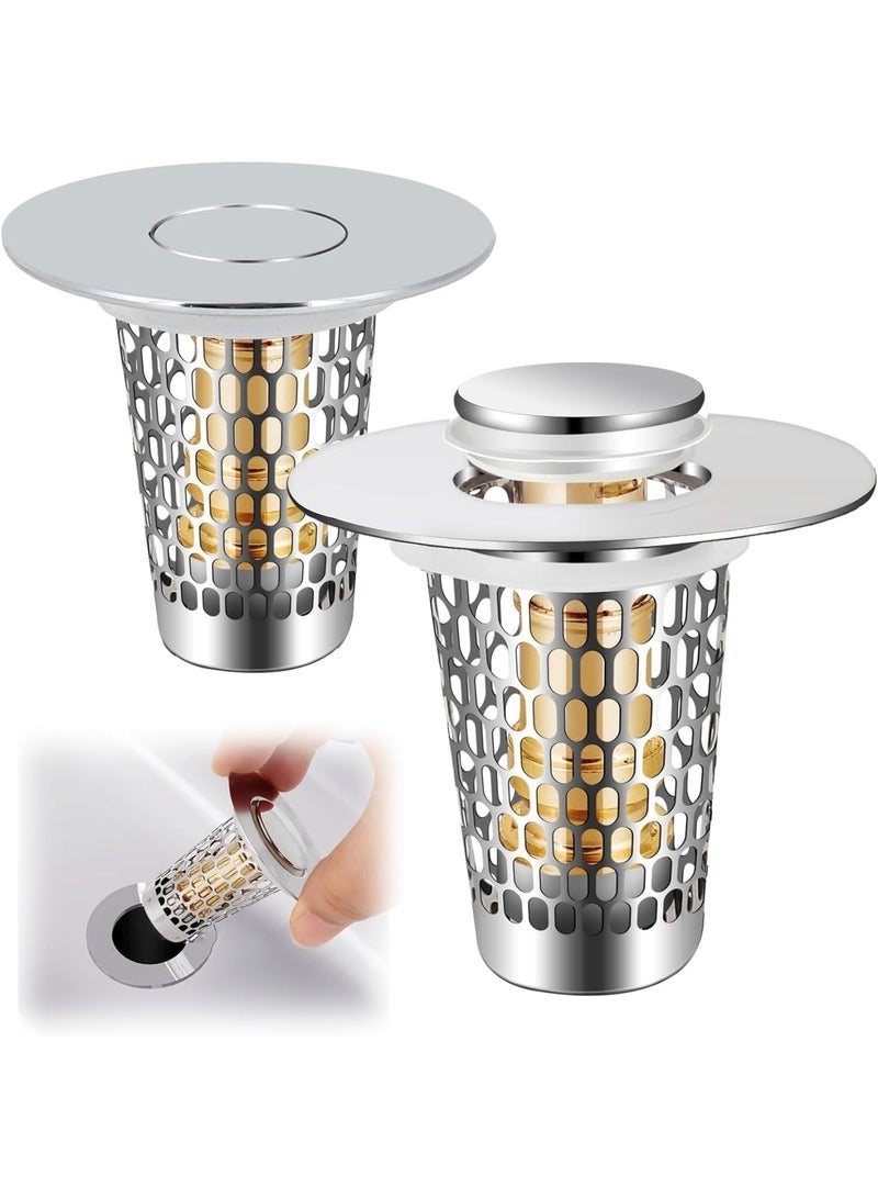 SYOSI Bathroom Sink Stopper, Universal Drain Pop Up Stopper with Hair Strainer Anti-Clog Filter for Stainless Steel Floor Sink, Easy Install Durable 1-1.50 Inch 2 Pack for Home Bathroom Kitchen Silver - Image 1