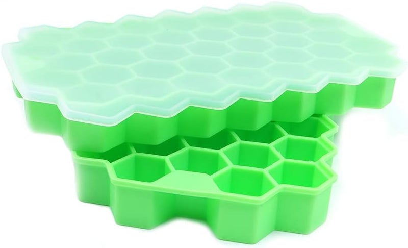 PXBQ Ice Cube Trays Silicone Ice Cube Molds, Flexible 37 Ice Trays BPA Free, for Whiskey Cocktail, Stackable and Safe Small Cubes Fridge Bar Soft Tray (Honeycomb with LID - Pack of 2) - Image 2