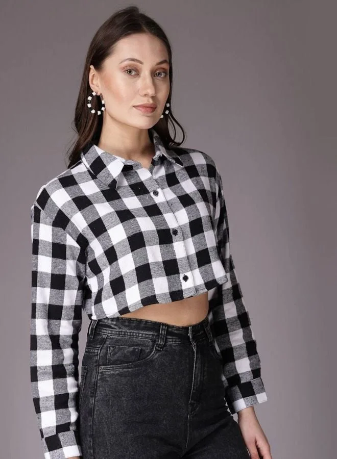 مرفوعة Women Relaxed Fit Checked Shirt Collar Long Sleeve Crop Shirt