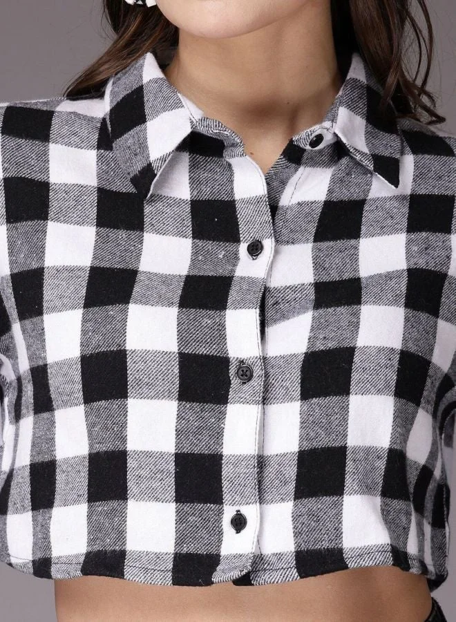 مرفوعة Women Relaxed Fit Checked Shirt Collar Long Sleeve Crop Shirt