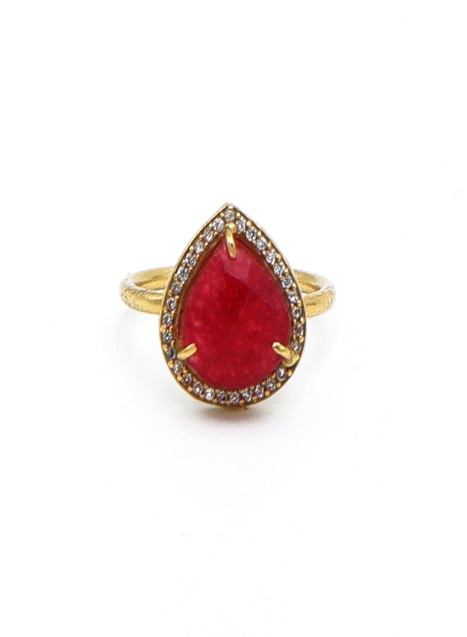 Dua Red Jade Gold-Plated Adjustable Heart Ring – Red Gemstone Romantic Statement Jewelry - Image 1