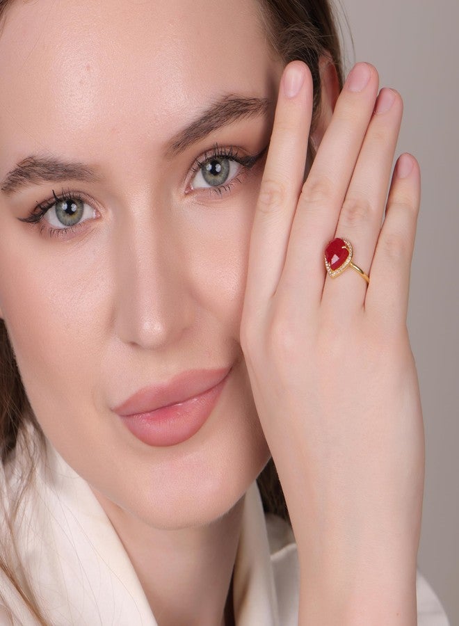 Dua Red Jade Gold-Plated Adjustable Heart Ring – Red Gemstone Romantic Statement Jewelry - Image 3