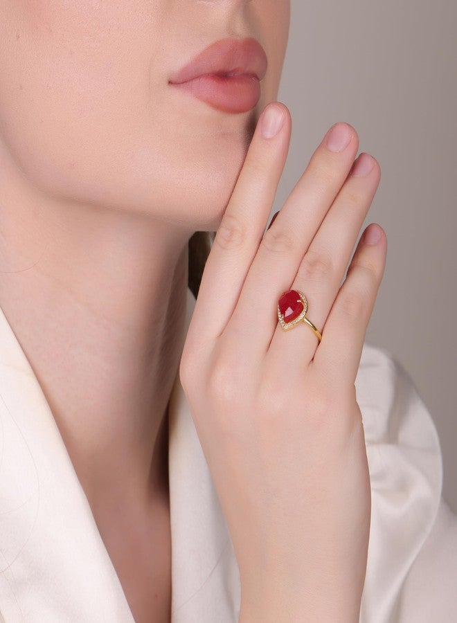 Dua Red Jade Gold-Plated Adjustable Heart Ring – Red Gemstone Romantic Statement Jewelry - Image 4