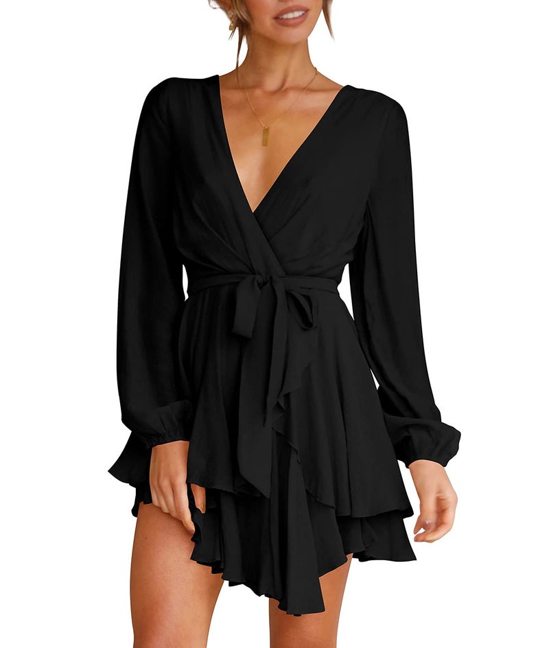 Cosonsen Womens Cute Mini Dress Deep V-Neck Long Sleeve Tie Waist Ruffle Short Dress Black XL - Image 1