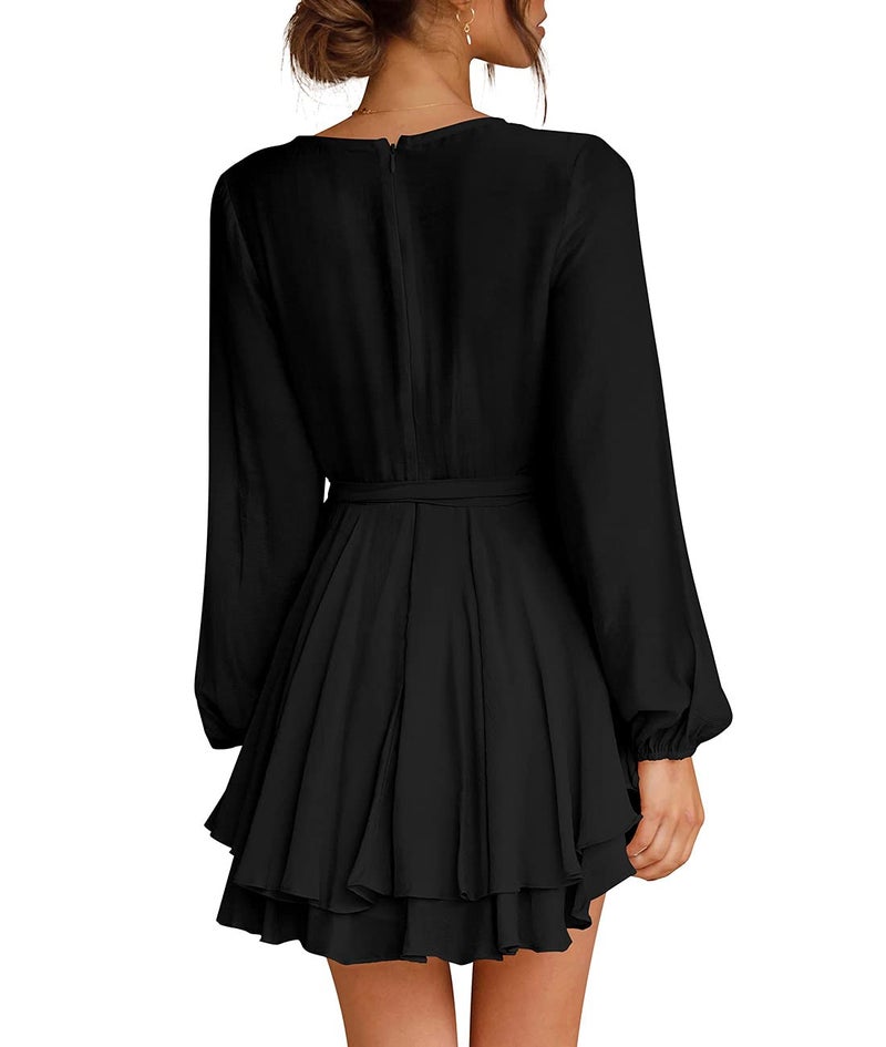 Cosonsen Womens Cute Mini Dress Deep V-Neck Long Sleeve Tie Waist Ruffle Short Dress Black XL - Image 3