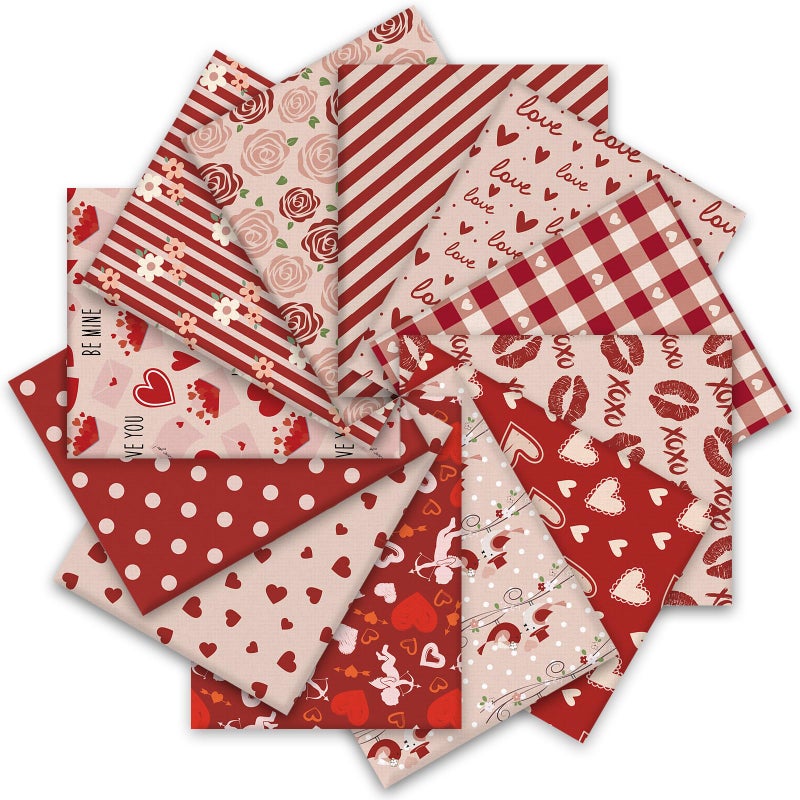 FYSUIMU 12Pcs Valentine's Day Cotton Fabric Bundles Fat Quarters Vintage Pink Red Love Heart Rose Quilting Patchwork for DIY Craft Supplies, 18 x 22 Inch - Image 1