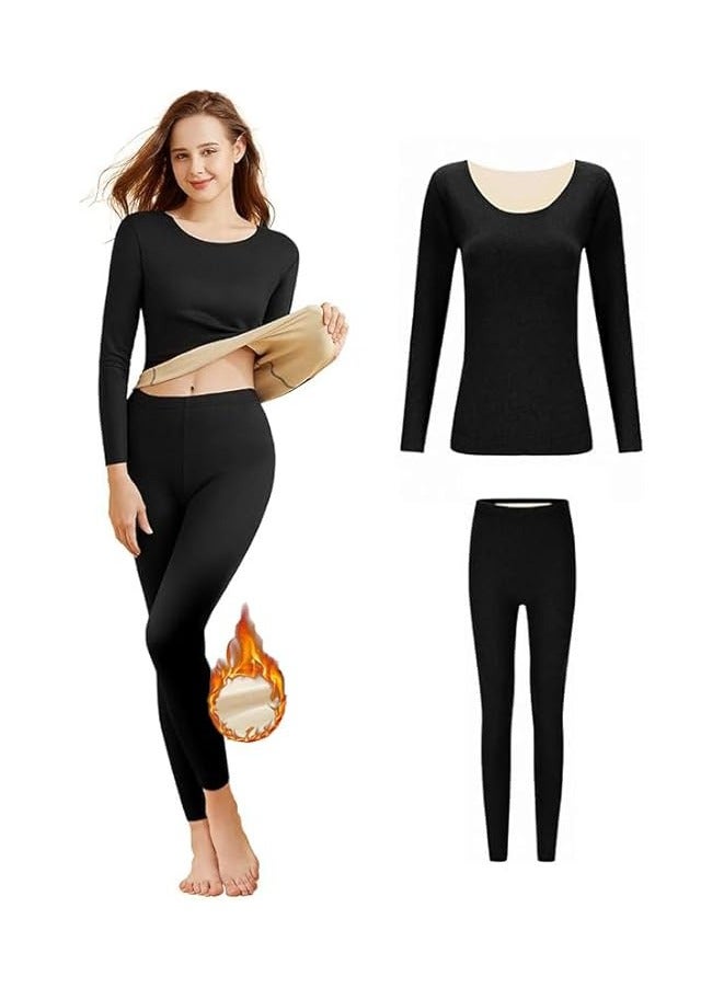 Women's Thermal Underwear Set,Cashmere & Silk Thermal Underwear,Soft Padded Basic Pajamas Set,High Elasticity Winter Warm Weather Winter Set（Black） - Image 1