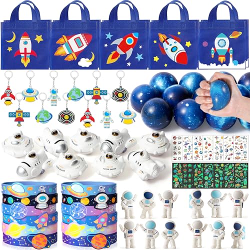 SNLN Outer Space Party Favors Birthday Supplies NonWoven Gift Bag Stress Ball Spaceship Toy Astronaut Eraser Silicone Bracelet Keychain Tattoo Sticker Galaxy Space Goodie Bags Party Decoration - Image 1