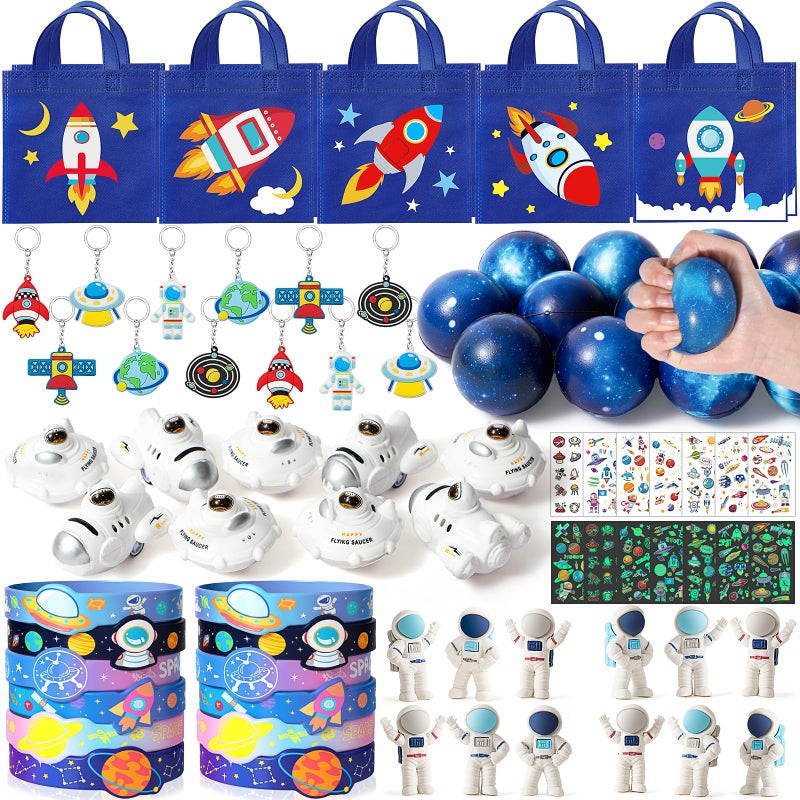SNLN Outer Space Party Favors Birthday Supplies NonWoven Gift Bag Stress Ball Spaceship Toy Astronaut Eraser Silicone Bracelet Keychain Tattoo Sticker Galaxy Space Goodie Bags Party Decoration - Image 3