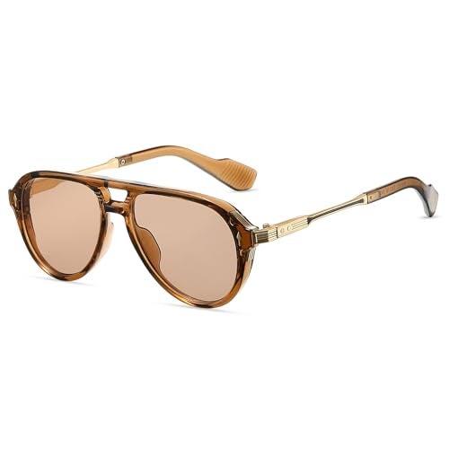 TruFabV Vintage Retro 70s Sunglasses for Women Men, Fashion Disco Glasses, Double Bridge Aviators (Brown) - Image 1