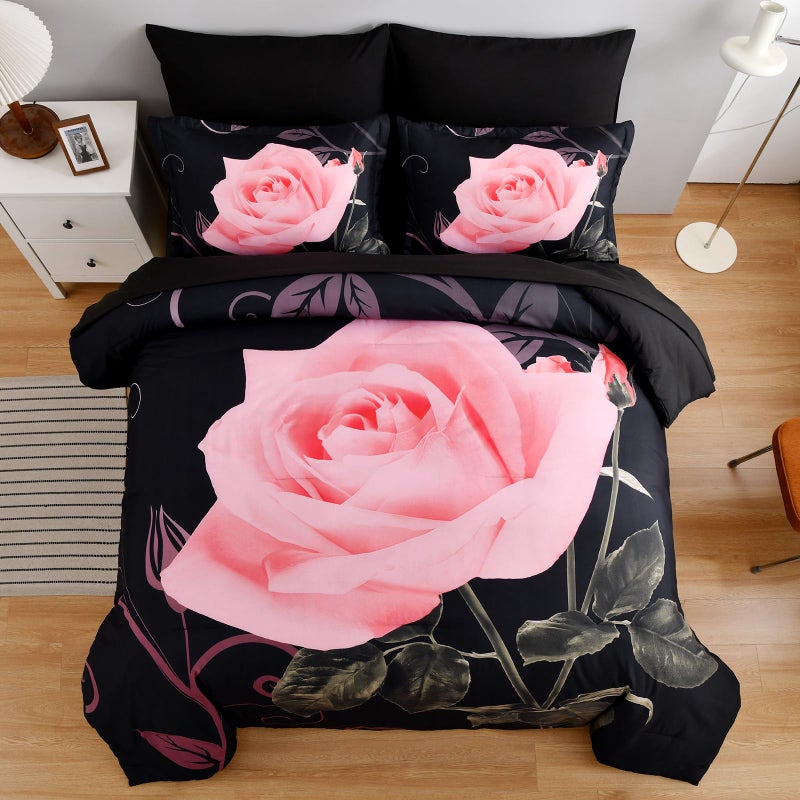 Xruibed Blush Comforter Set King 7 Piece Bed in a Bag Blush Rose Flower Comforter with Sheet Set Soft Micorfiber Bedding Set (1 Comforter 2 Pillow Shams 1 Flat Sheet 1 Fitted Sheet 2 Pillowcases) - Image 2