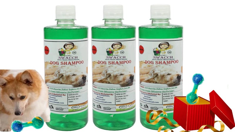 swacch Dog Shampoo + Dumbbell Toy I Durable Rubber Dog Toy for Chewing I Playing,Teeth Cleaning & Training Toy I Combo Pack I 500ml Pack of 3 Neem Alovera - Image 1