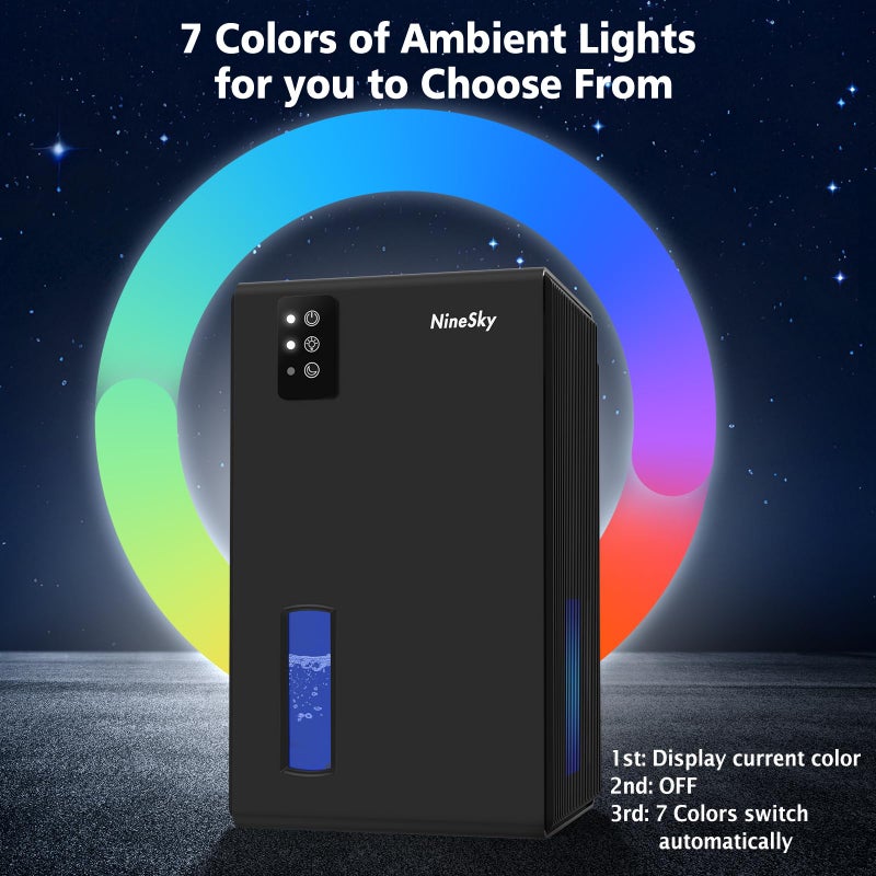 NineSky Dehumidifiers for Home, 95 OZ Water Tank, (1000 sq.ft) Dehumidifiers for Bathroom Bedroom Basement with Auto Shut Off,7 Colors LED Light(Black) - Image 4