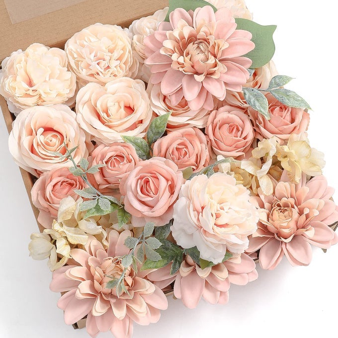 ARTIFICIAL FLOWERS COMBO BOX SET GRADIENT COLOR FLOWER LEAF WITH STEMS FOR DIY WEDDING BOUQUETS CENTERPIECES BABY SHOWER PARTY HOME DECORATIONS PEACH ONE SIZE
