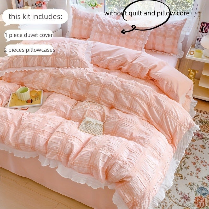 Princess Lace Bedding Set 3pcs Plaid Quilt Cover and Pillowcase - Image 2