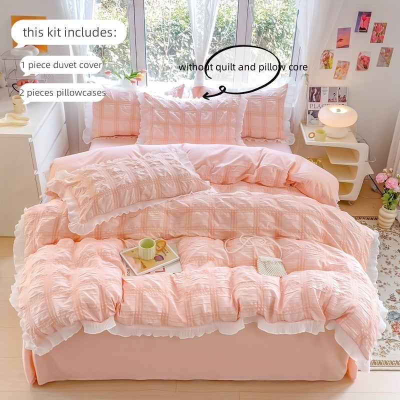 Princess Lace Bedding Set 3pcs Plaid Quilt Cover and Pillowcase - Image 3