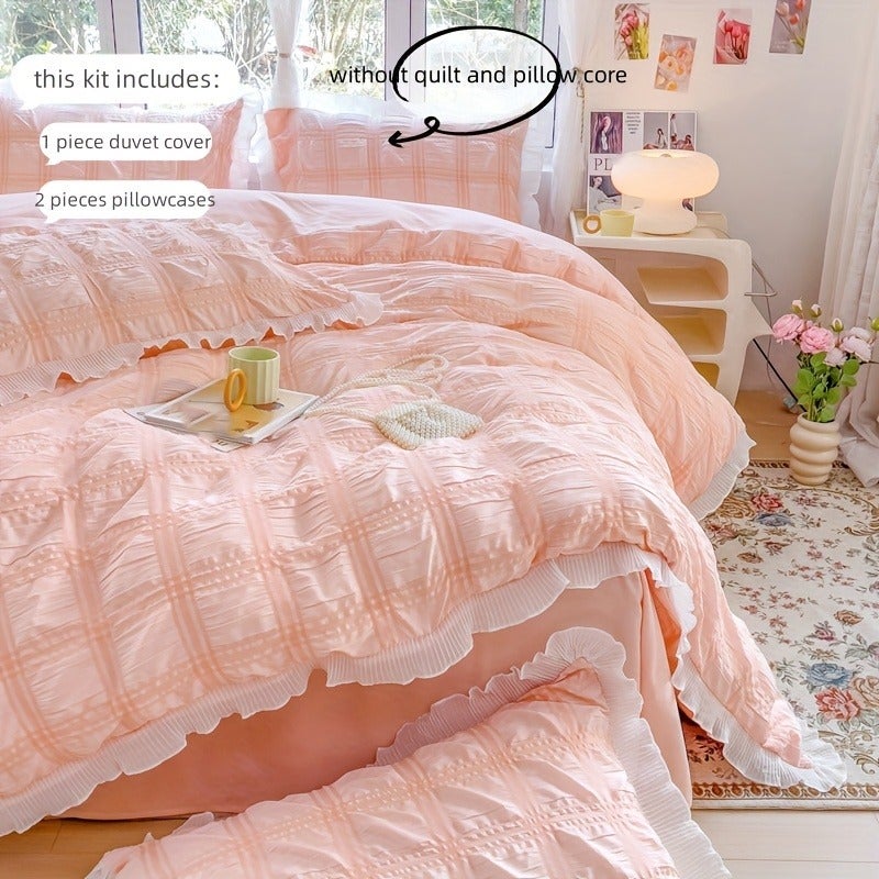 Princess Lace Bedding Set 3pcs Plaid Quilt Cover and Pillowcase - Image 5