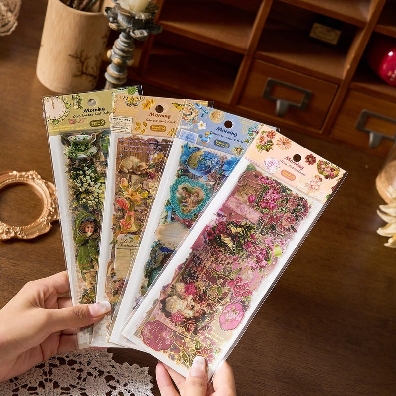 DEOXY Pack of 4 Sheet Design Mix Early Foam Stickers for Plastic Surface Morning Light Xiwei Series Three-Dimensional Laser Gilding European & American Retro Journal Material DIY Self Adhesive 8 cm - Image 2