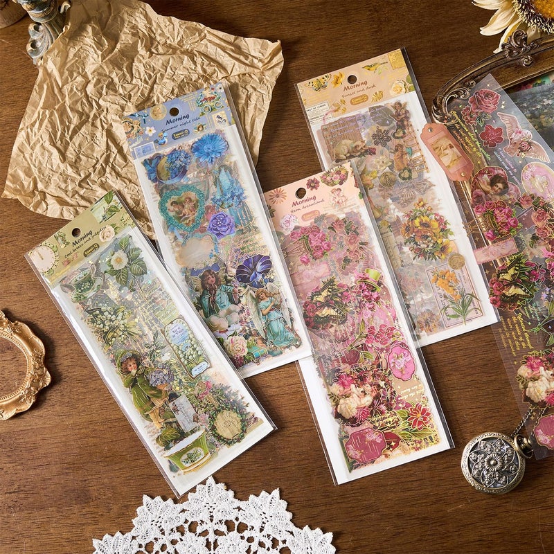 DEOXY Pack of 4 Sheet Design Mix Early Foam Stickers for Plastic Surface Morning Light Xiwei Series Three-Dimensional Laser Gilding European & American Retro Journal Material DIY Self Adhesive 8 cm - Image 1