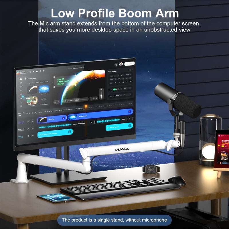 Aokeo Microphone Arm,Aokeo AK-55 Desk Low Profile Adjustable Mic Boom Arm Stand,Suitable For Blue Yeti,Snowball iCE, HyperX QuadCast,SoloCast,Elgato Wave,Etc - Image 2