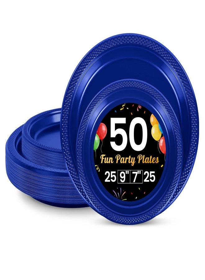 LANLISA 50 Pcs Royal Blue Plastic Plates For Party, 25-9" & 25-7" Disposable Cake Dessert Plates For Birthday, Graduation, Veterans Day Dinner - Image 1