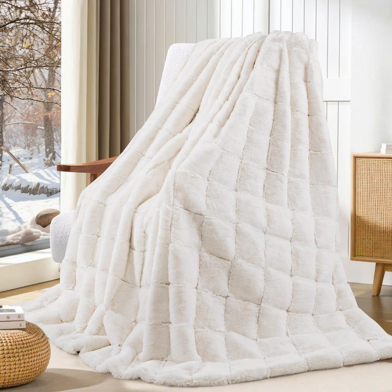 Touchat Faux Fur Throw Blanket, Luxury 1000GSM Ultra Thick Warm Rabbit Blanket for Couch Bed Sofa, 3D Checkered Pattern Soft Winter Heavy Minky Fluffy Blankets for Women Christmas Birthday Gift, White - Image 1