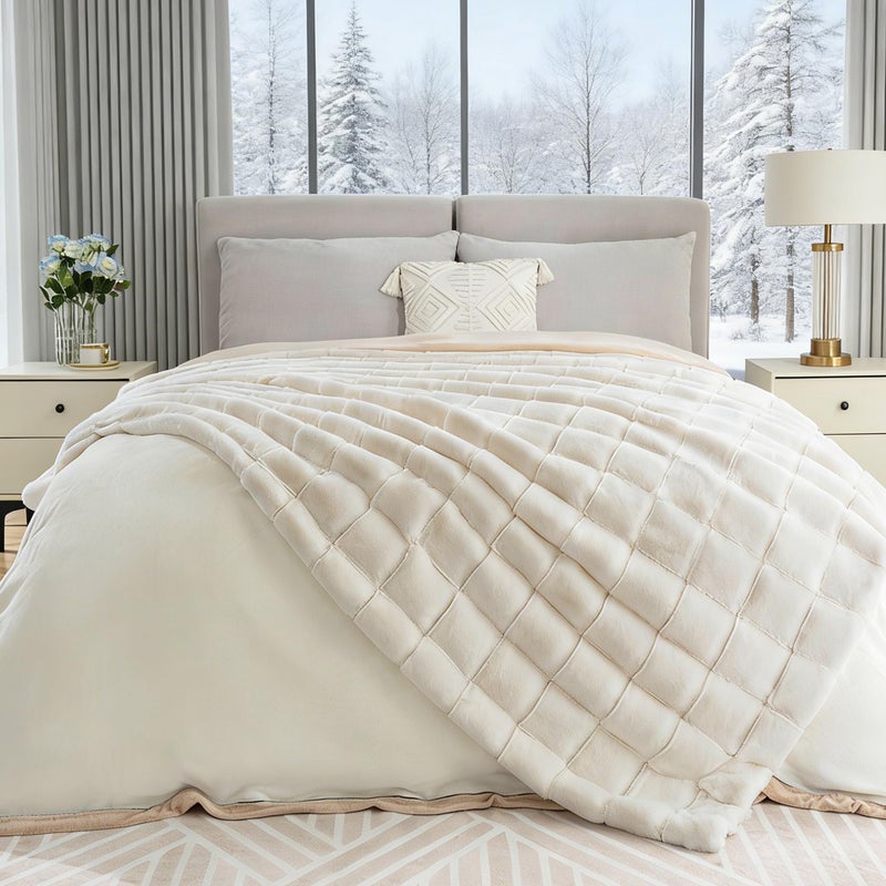 Touchat Faux Fur Throw Blanket, Luxury 1000GSM Ultra Thick Warm Rabbit Blanket for Couch Bed Sofa, 3D Checkered Pattern Soft Winter Heavy Minky Fluffy Blankets for Women Christmas Birthday Gift, White - Image 4