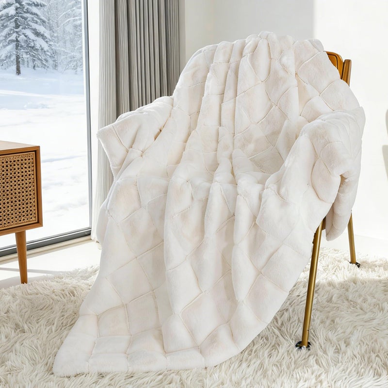 Touchat Faux Fur Throw Blanket, Luxury 1000GSM Ultra Thick Warm Rabbit Blanket for Couch Bed Sofa, 3D Checkered Pattern Soft Winter Heavy Minky Fluffy Blankets for Women Christmas Birthday Gift, White - Image 5