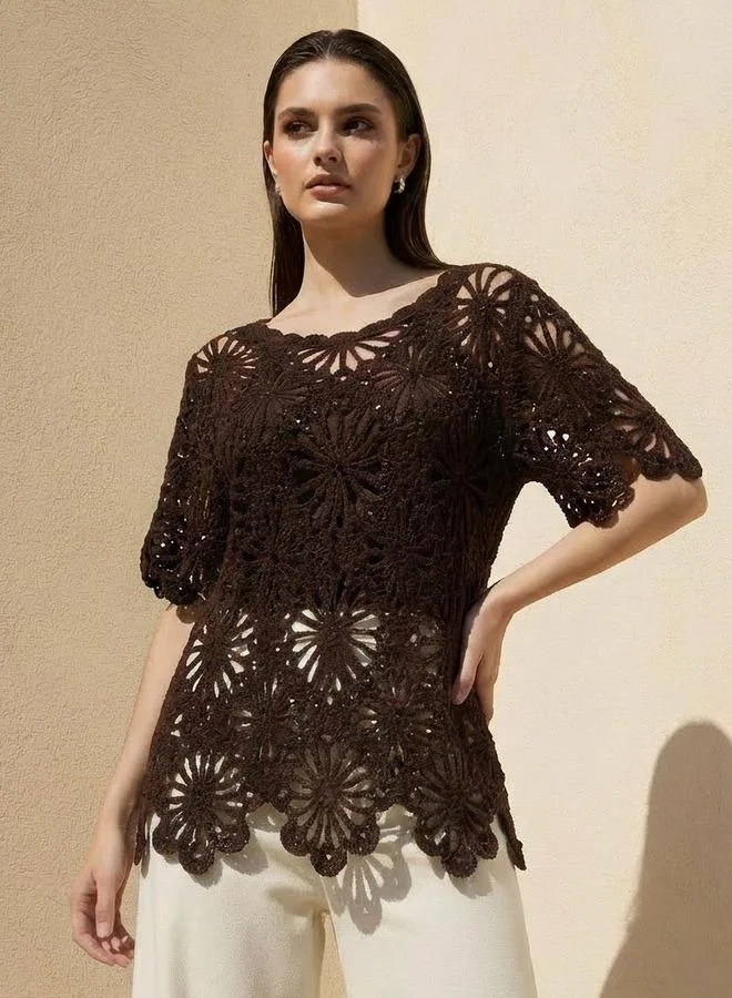 2Xtremz 2Xtremz Woven Crochet Top with Sequin Detail