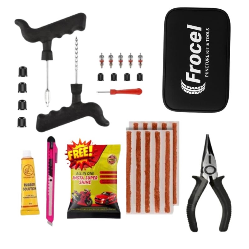 FROCEL 8in1 Universal Tubeless Tire Puncher Kit Emergency Flat Tire Repair Patch Puncture Kit for Car, Bike, SUV, & Motorcycle with Storage Bag, Polish,Glue, Plier With10 Strip (All in 1) - Image 1
