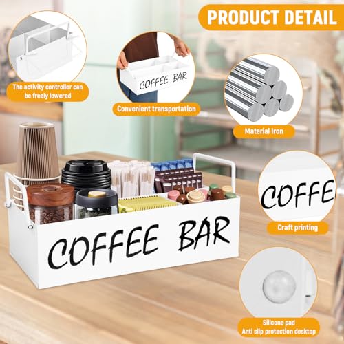 DYGZBLHT Coffee Station Organizer with Handles Metal Coffee Bar Accessories Organizer for Countertop Pod Holder Basket for Sugar Tea White Table Decor - Image 3