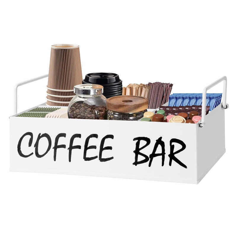 DYGZBLHT Coffee Station Organizer with Handles Metal Coffee Bar Accessories Organizer for Countertop Pod Holder Basket for Sugar Tea White Table Decor - Image 2