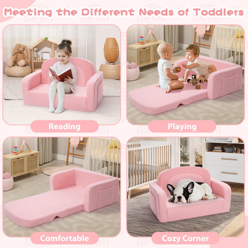 Foryoomi Extra Wide Kids Couch, 2-in-1 Soft Toddler Couch with Blanket, Comfy Toddler Chair, Convertible Sofa with Cute Rainbow Design, Pink - Image 3