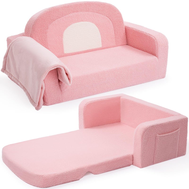 Foryoomi Extra Wide Kids Couch, 2-in-1 Soft Toddler Couch with Blanket, Comfy Toddler Chair, Convertible Sofa with Cute Rainbow Design, Pink - Image 1