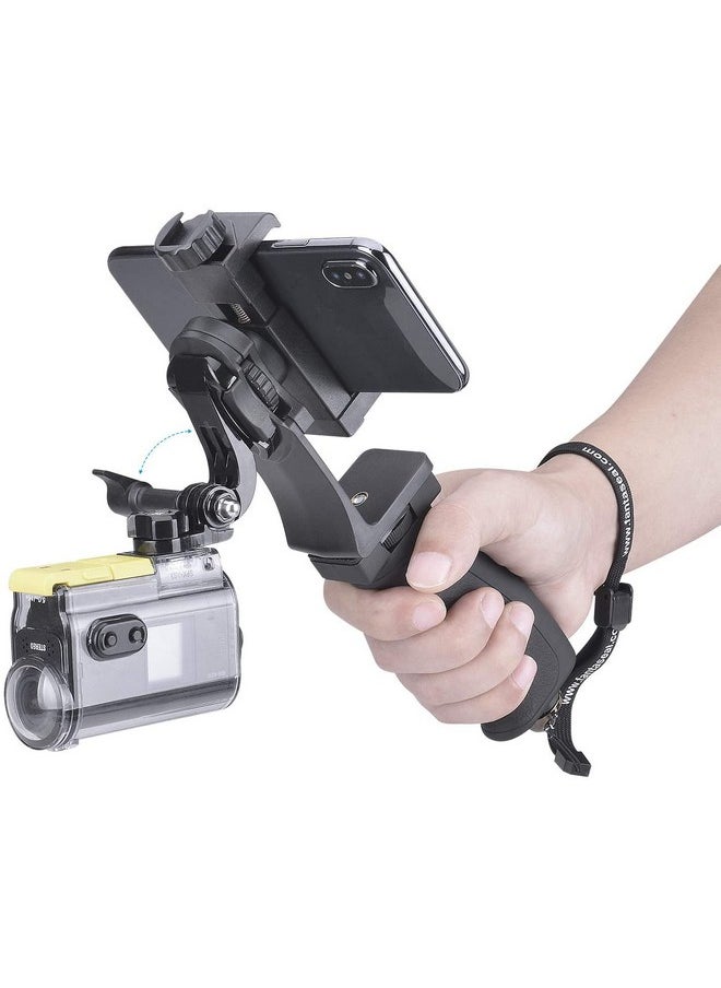 Fantaseal - 2In1 Ergonomic Portable Action Camera+Smartphone Syn Hand Grip Stabilizer Combo Mount Video Vlogging Rig Holder Kit For Gopro Iphone Interview Travel Youtube Tiktok Streamingmic+Light Adapter - Image 1