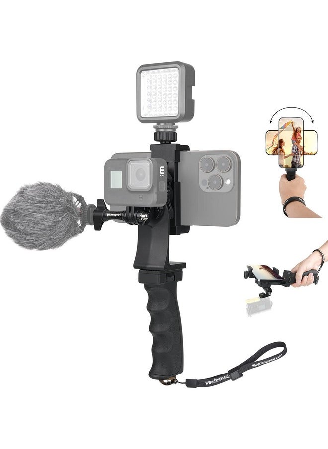 Fantaseal - 2In1 Ergonomic Portable Action Camera+Smartphone Syn Hand Grip Stabilizer Combo Mount Video Vlogging Rig Holder Kit For Gopro Iphone Interview Travel Youtube Tiktok Streamingmic+Light Adapter - Image 1