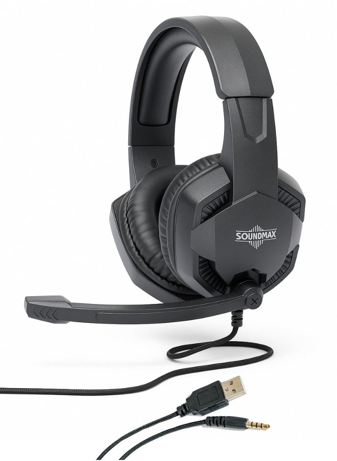 Soundmax Wired Gaming Headset with Noise Reduction Mic – High-Quality Audio, 3.5mm Jack, Soft Comfort Ear Cushions – Black Gaming Headphones for PS5, Xbox, PC, Mobile (1.5m Cable, 32Ω Impedance)  - Image 1