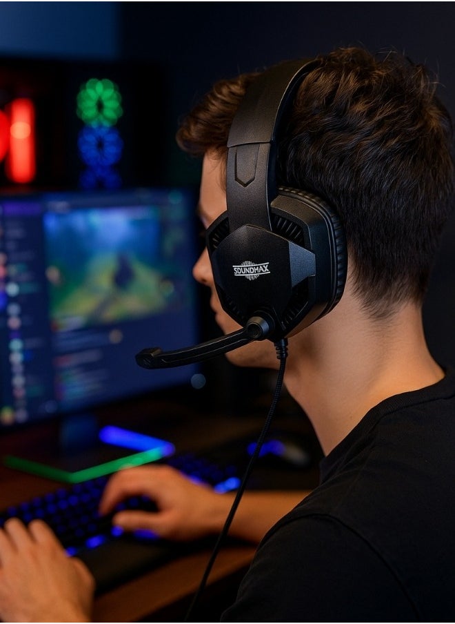 Soundmax Wired Gaming Headset with Noise Reduction Mic – High-Quality Audio, 3.5mm Jack, Soft Comfort Ear Cushions – Black Gaming Headphones for PS5, Xbox, PC, Mobile (1.5m Cable, 32Ω Impedance)  - Image 3
