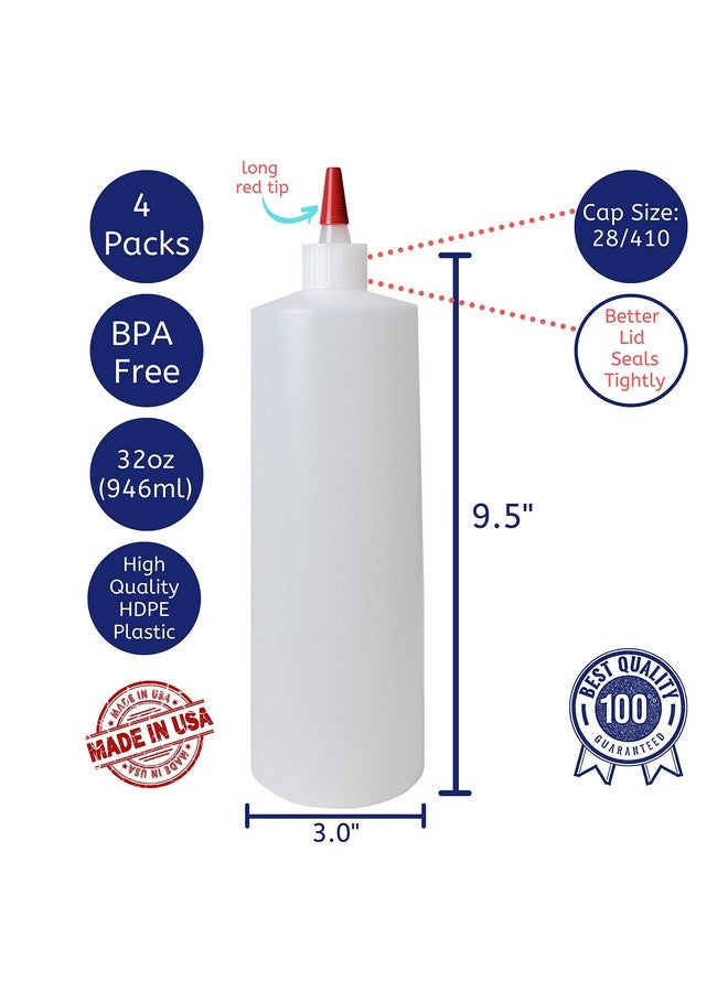 Kelkaa 32Oz 28/410 Hdpe Plastic Cylinder Squeeze Bottles With Dispensing Yorker Long Red Sealer Tip Caps, For Food, Crafts, Diy Liquid Products, Multi-Use Refillable Bottles (Pack Of 4) - Image 2